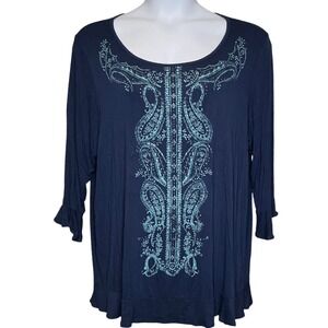 Westport‎ Womens Navy Blue Paisley Print Rhinestone Embellished Tunic Top Sz 2X